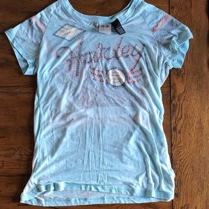 Ladies Harley Davidson Light Blue Graphic T-Shirt featuring colored gems